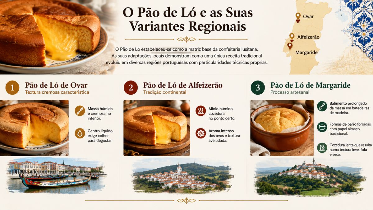 Infográfico sobre o Pão de Ló e as suas variantes regionais de Ovar, Alfeizerão e Margaride com mapa de Portugal.