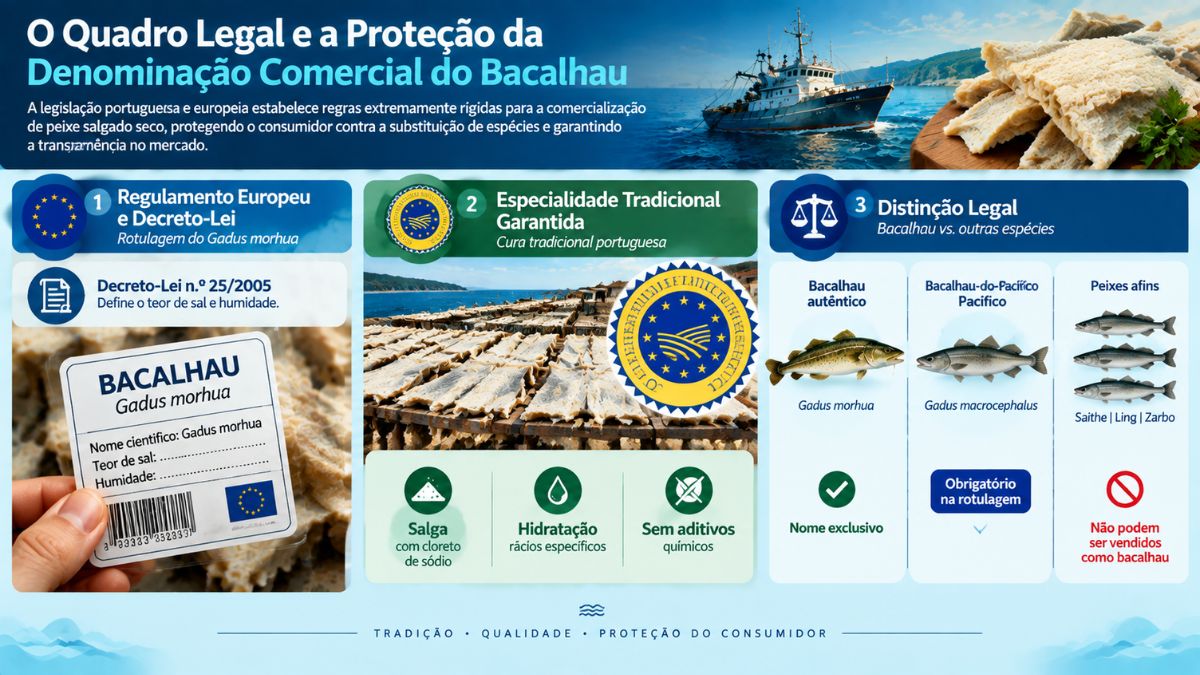 Infográfico sobre a legislação e proteção do bacalhau em Portugal, destacando o Decreto-Lei 25/2005, a Especialidade Tradicional Garantida e a distinção legal entre Gadus morhua e outras espécies.