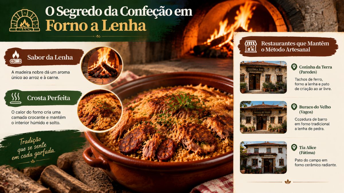 Infográfico explicativo sobre a confeção de arroz de pato em forno a lenha, destacando o sabor da lenha, a crosta crocante e os restaurantes Cozinha da Terra, Buraco do Velho e Tia Alice.