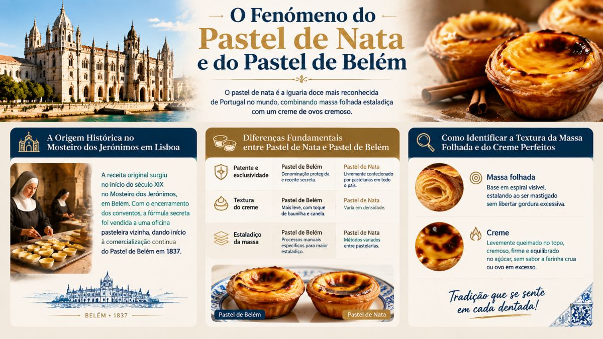 Infográfico informativo sobre a origem no Mosteiro dos Jerónimos, diferenças e textura perfeita do pastel de nata e do pastel de Belém.