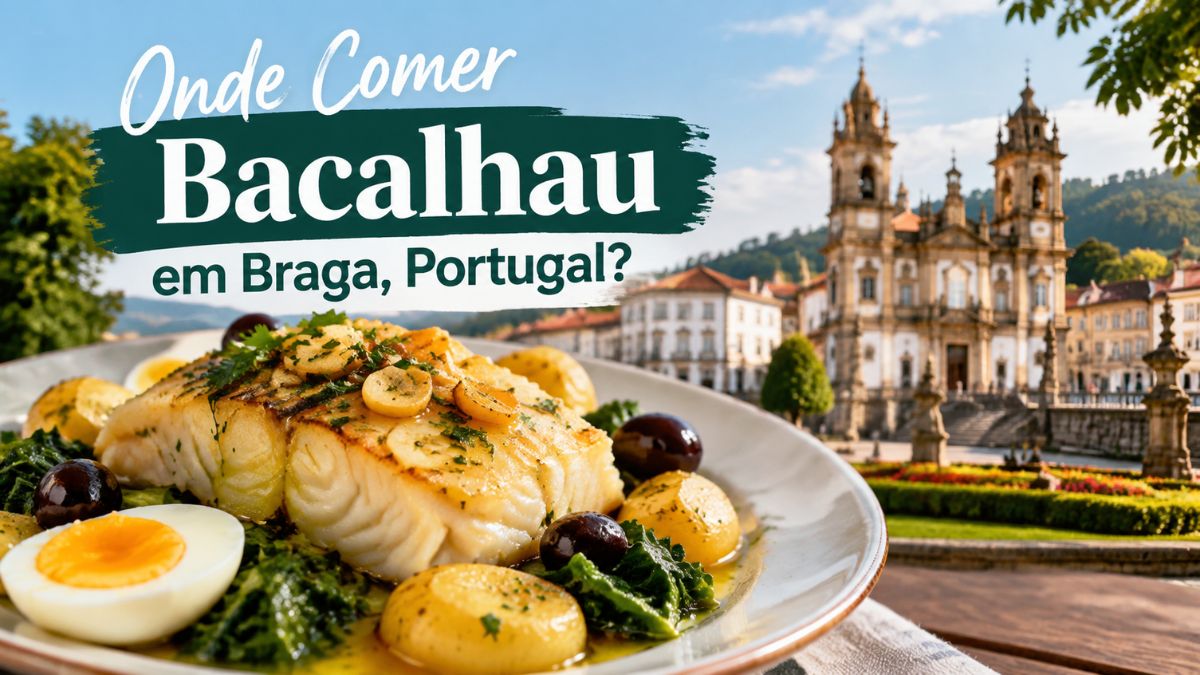Prato tradicional de bacalhau em Braga com batatas, ovo cozido e azeitonas, tendo como fundo o centro histórico e a Igreja do Pópulo.