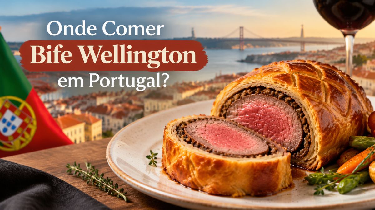 Fatia de bife Wellington suculento e rosado envolto em duxelles de cogumelos e massa folhada dourada, num prato com vista panorâmica para Lisboa, a Ponte 25 de Abril e a bandeira de Portugal.