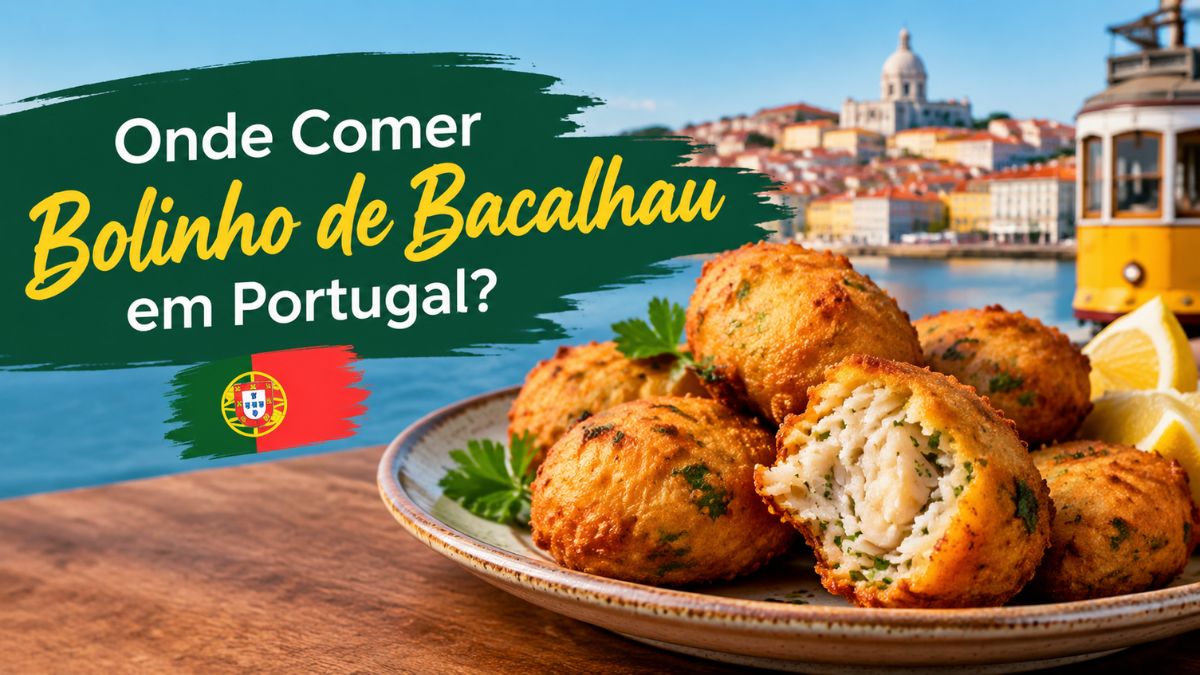 Prato com bolinhos de bacalhau tradicionais dourados e fritos, acompanhados por fatias de limão e salsa, com a cidade de Lisboa ao fundo.