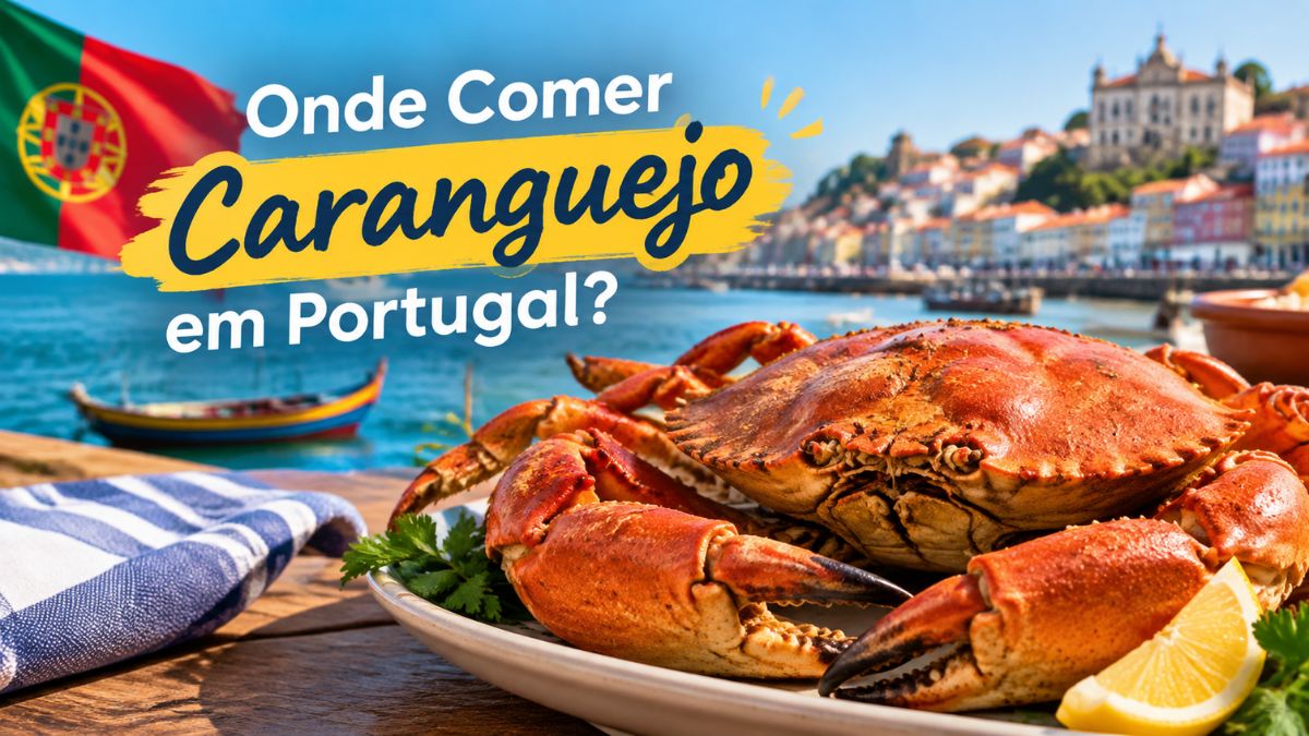 Prato com sapateira cozida inteira e limão com a bandeira de Portugal e paisagem costeira ao fundo.