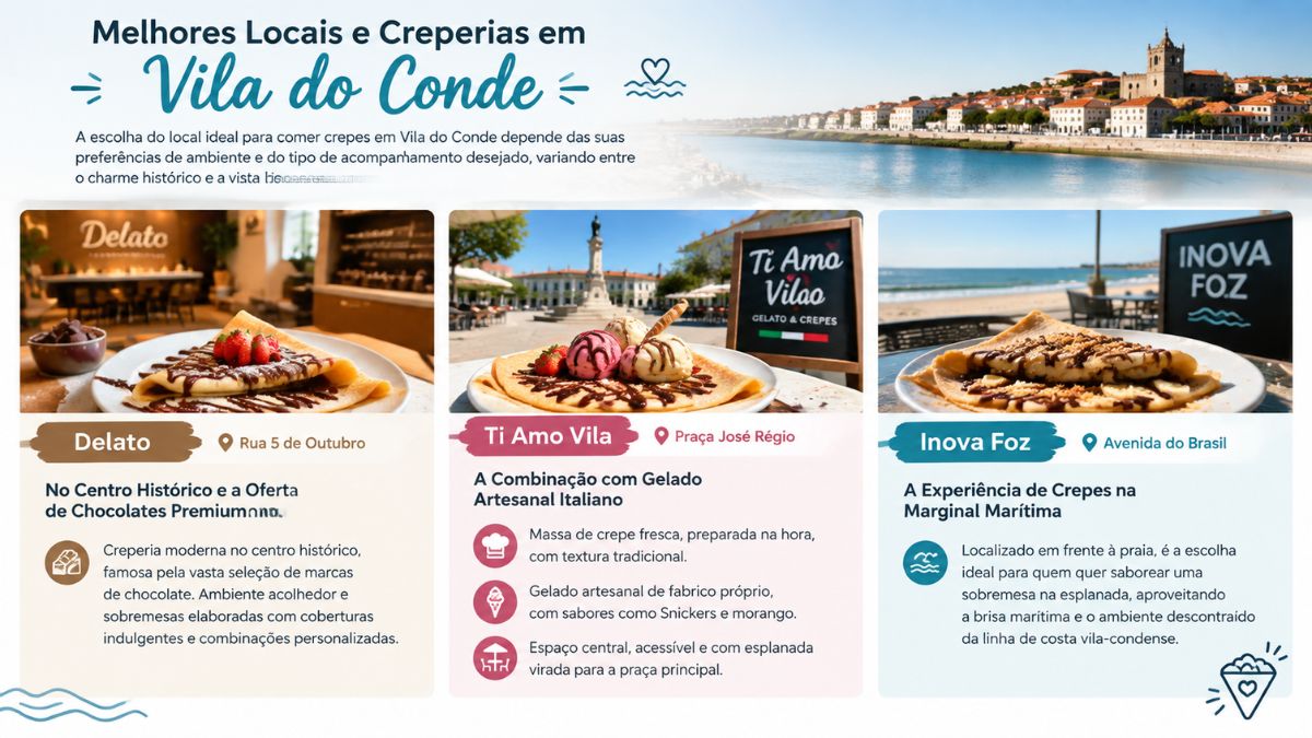 Infografia informativa que apresenta os três melhores locais para comer crepes em Vila do Conde: a creperia Delato no centro histórico com chocolates premium; a gelataria Ti Amo Vila na Praça José Régio com gelado artesanal italiano; e o Inova Foz na Avenida do Brasil com vista para o mar.