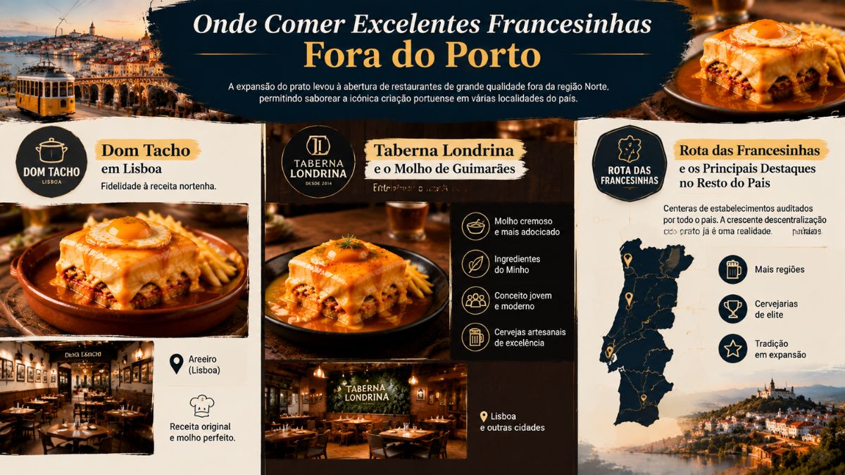 Infográfico sobre onde comer excelentes francesinhas fora do Porto, apresentando o Dom Tacho em Lisboa, a Taberna Londrina e a Rota das Francesinhas no resto do país.