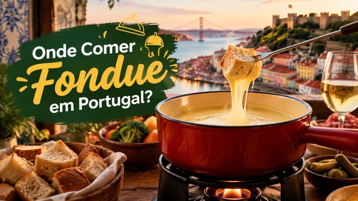 Pedaço de pão espetado no garfo a mergulhar em fondue de queijo derretido, com acompanhamentos de pão artesanal e vinho branco.
