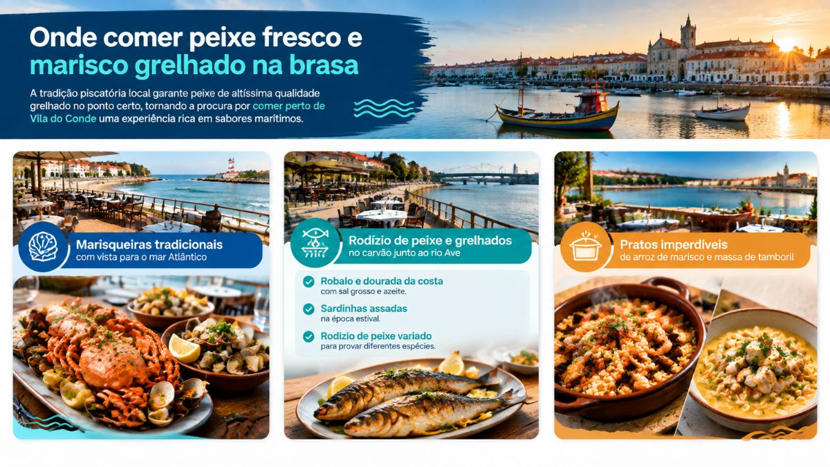 Infográfico explicativo sobre peixe fresco e marisco na brasa em Vila do Conde com imagens de marisqueiras, grelhados no carvão e arroz de marisco.
