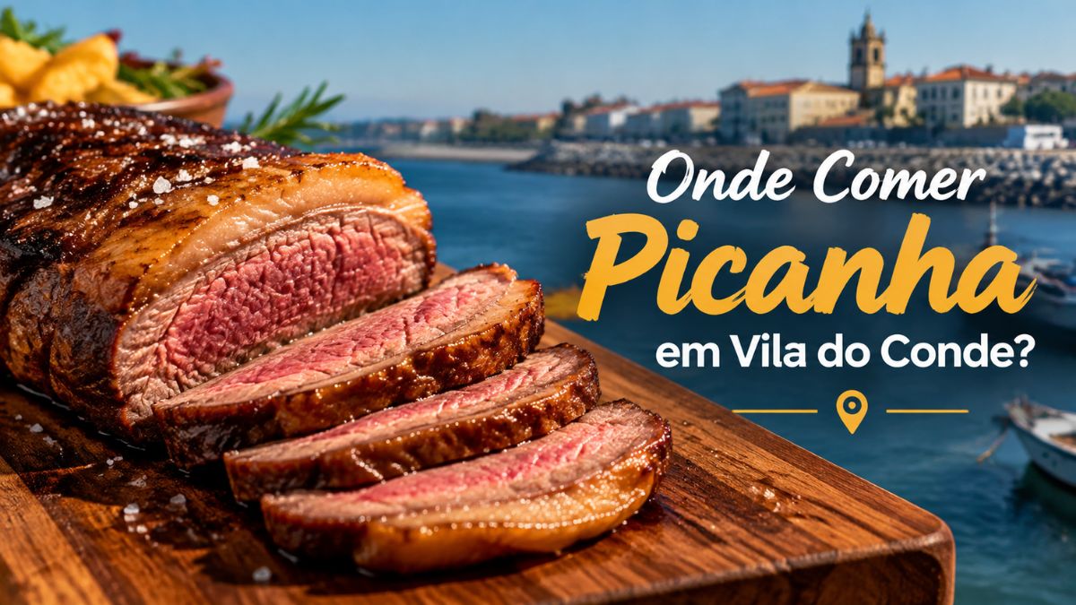 Picanha fatiada suculenta numa tábua de madeira com sal grosso, tendo ao fundo a vista panorâmica de Vila do Conde.