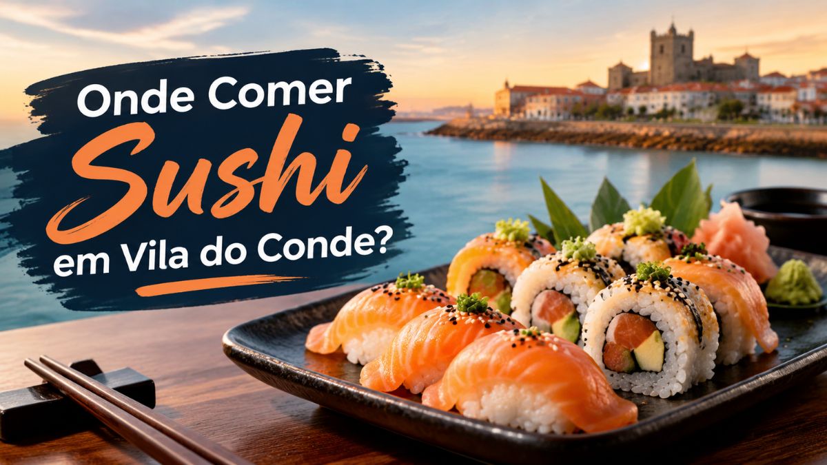 Prato com peças de sushi variadas como uramakis e nigiris de salmão com pauzinhos e fundo da paisagem urbana de Vila do Conde.
