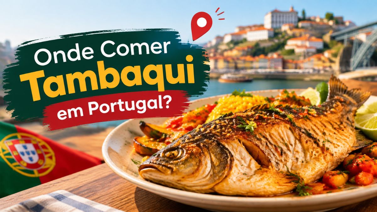 Prato de peixe tambaqui assado e grelhado com acompanhamentos, ao lado da bandeira de Portugal e com vista para a cidade do Porto.