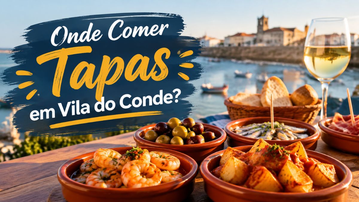 Mesa com petiscos tradicionais em tijelas de barro, incluindo camarão ao alho, batatas bravas, azeitonas e presunto ibérico, acompanhados por um copo de vinho branco junto à zona ribeirinha de Vila do Conde.