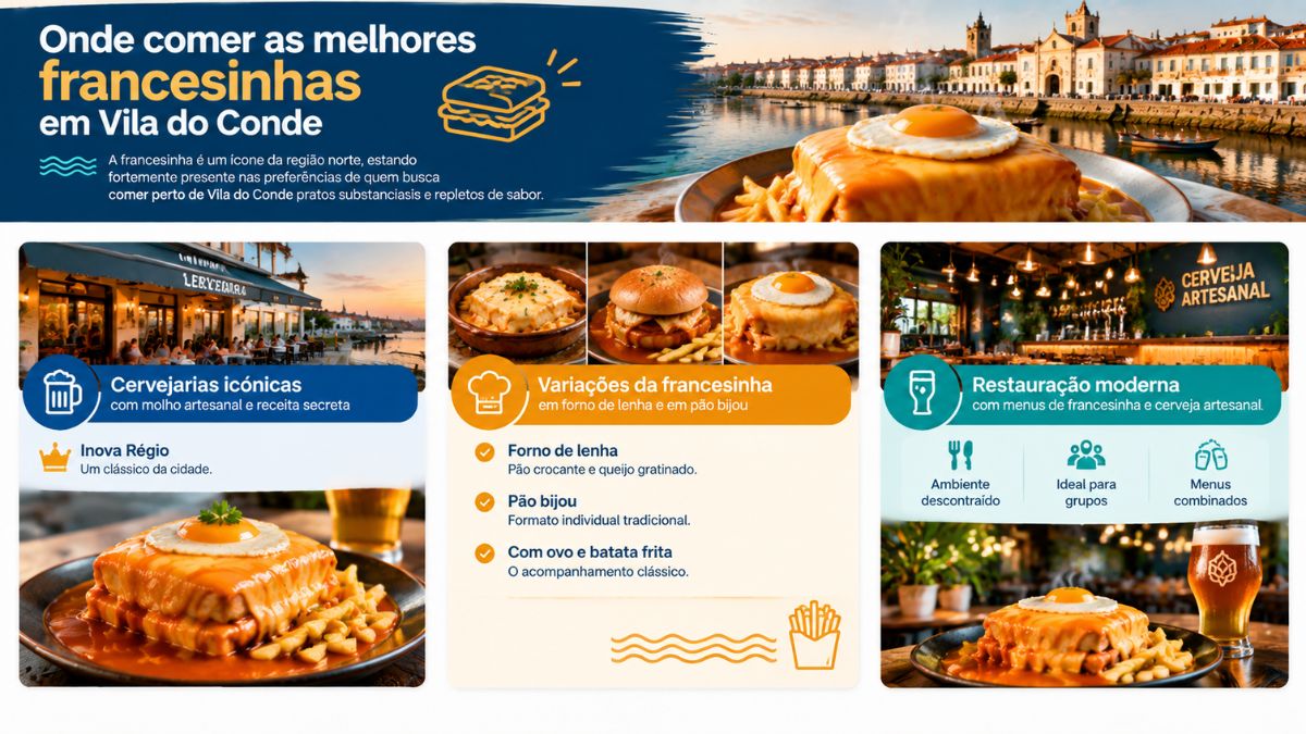 Infográfico informativo sobre francesinhas em Vila do Conde com destaque para cervejarias icónicas, variações em forno de lenha e pão bijou e restauração moderna.