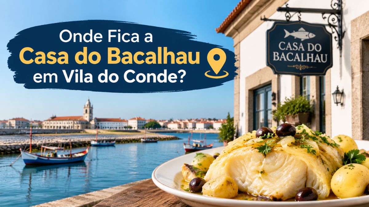 Prato de bacalhau tradicional com batatas e azeitonas em primeiro plano e vista para a zona ribeirinha de Vila do Conde ao fundo.