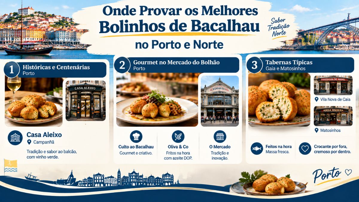 Infográfico com recomendações de locais para comer bolinho de bacalhau no Porto, incluindo a Casa Aleixo, Mercado do Bolhão, Gaia e Matosinhos.