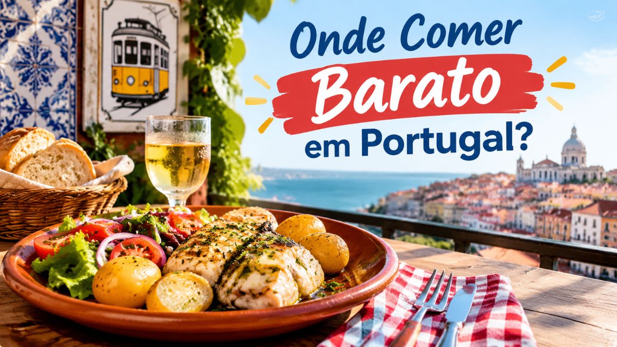 Prato de peixe grelhado com batatas e salada num miradouro em Lisboa, acompanhado por vinho branco, pão fresco e azulejos portugueses.