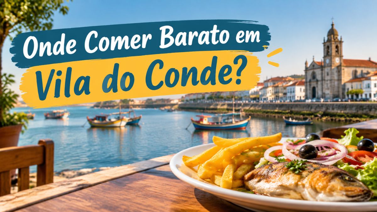 Prato de peixe grelhado com batatas fritas e salada numa mesa com vista para a zona ribeirinha e barcos em Vila do Conde.