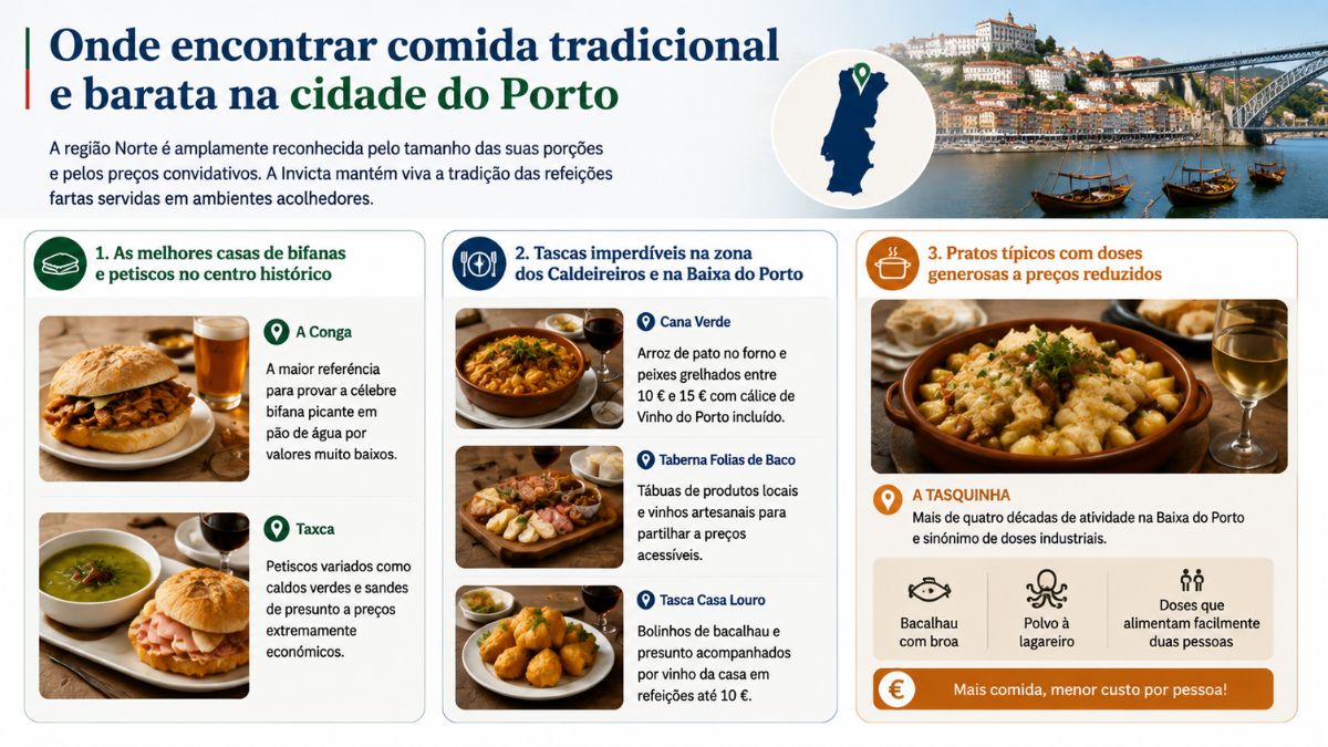 Infográfico com opções de comida tradicional e barata na cidade do Porto destacando casas de bifanas, tascas nos Caldeireiros e pratos de doses generosas.