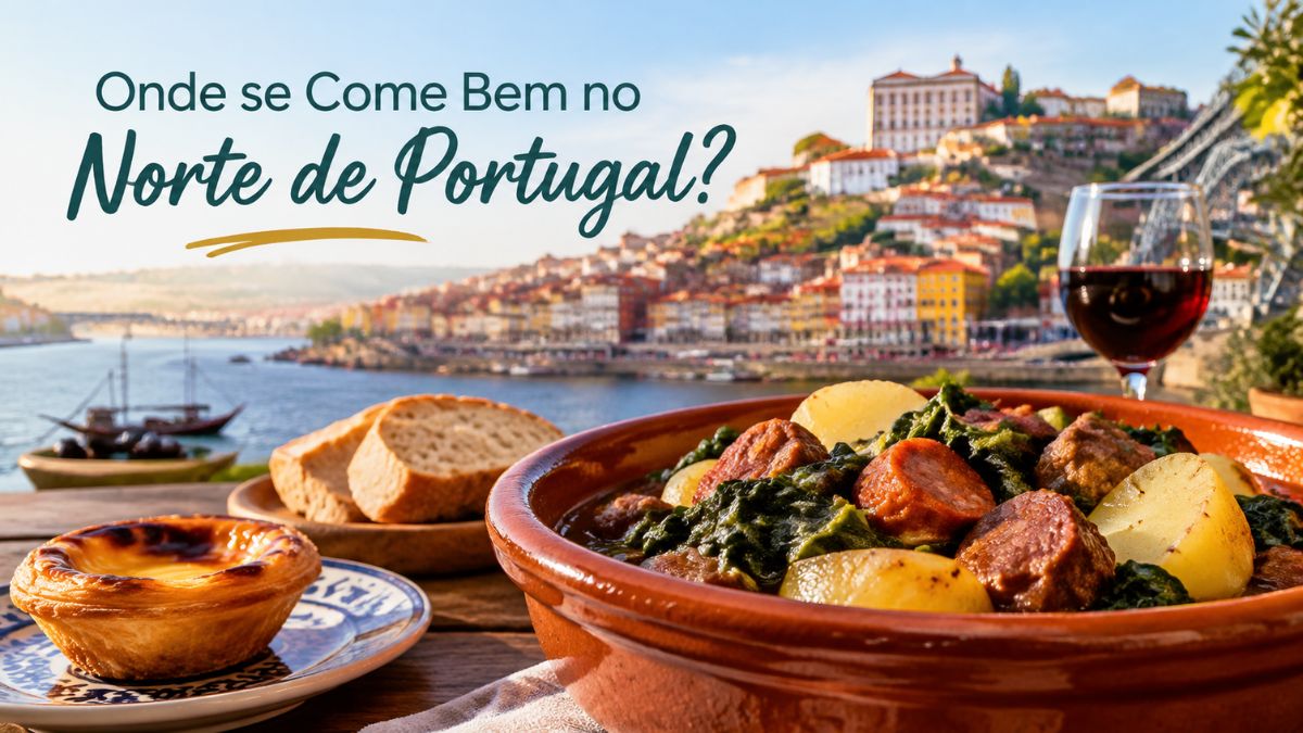 Prato tradicional de barro com cozido de carne, enchidos, batatas e couves, acompanhado por um pastel de nata, pão fatiado e um copo de vinho tinto, com a paisagem ribeirinha do Porto ao fundo.