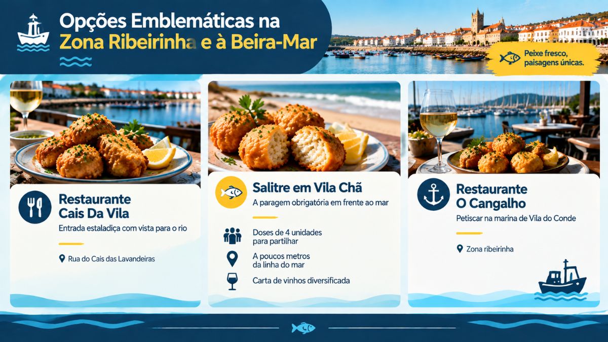 Infográfico com opções de restaurantes para comer bolinhos de bacalhau junto ao rio e à beira-mar em Vila do Conde e Vila Chã.