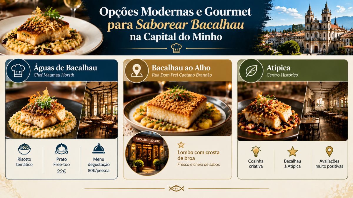 Infográfico sobre opções modernas e gourmet de restaurantes para comer bacalhau em Braga, com destaque para Águas de Bacalhau, Bacalhau ao Alho e Atípica.
