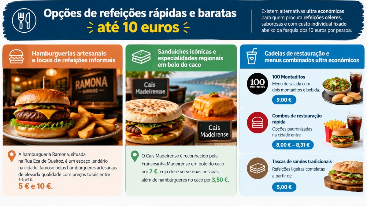Infográfico com opções de refeições rápidas e baratas em Aveiro até 10 euros, incluindo hamburguerias, sanduíches em bolo do caco e menus combinados.