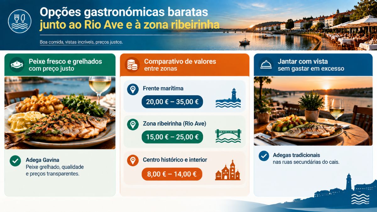 Infográfico explicativo sobre opções gastronómicas baratas junto ao Rio Ave e à zona ribeirinha em Vila do Conde.