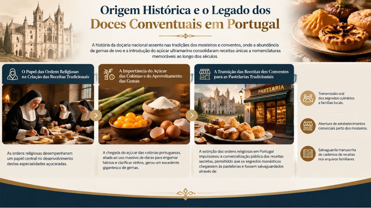 Infográfico sobre a origem histórica dos doces conventuais em Portugal, mostrando freiras a preparar receitas em convento, taça com gemas de ovo, fachada de pastelaria tradicional e pratos com pastéis de nata.