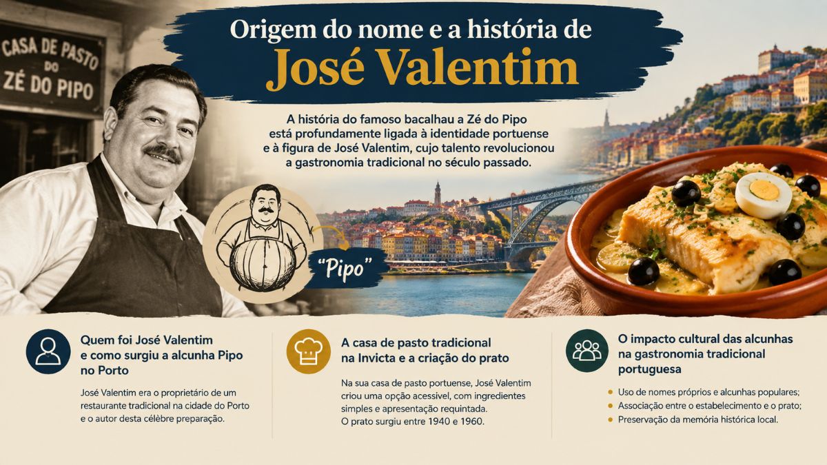 Infografia sobre a história de José Valentim no Porto, criador da receita de bacalhau à Zé do Pipo, mostrando o prato tradicional gratinado e a vista da cidade.
