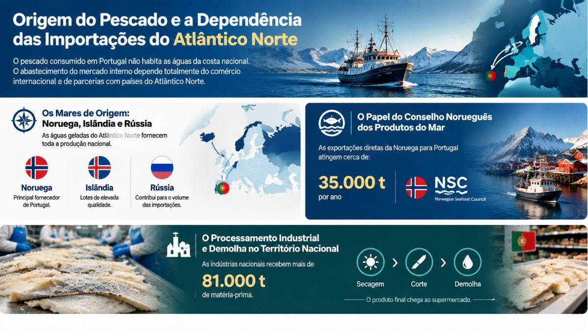Infográfico sobre a origem do pescado em Portugal, evidenciando as importações da Noruega, Islândia e Rússia, além do processamento industrial nacional.