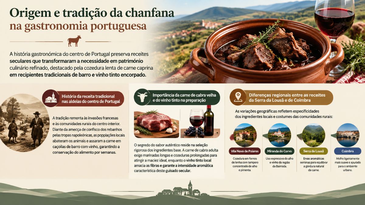 Infográfico sobre a origem e tradição da chanfana na gastronomia portuguesa mostrando a história da receita tradicional em caçoila de barro e suas variações regionais.