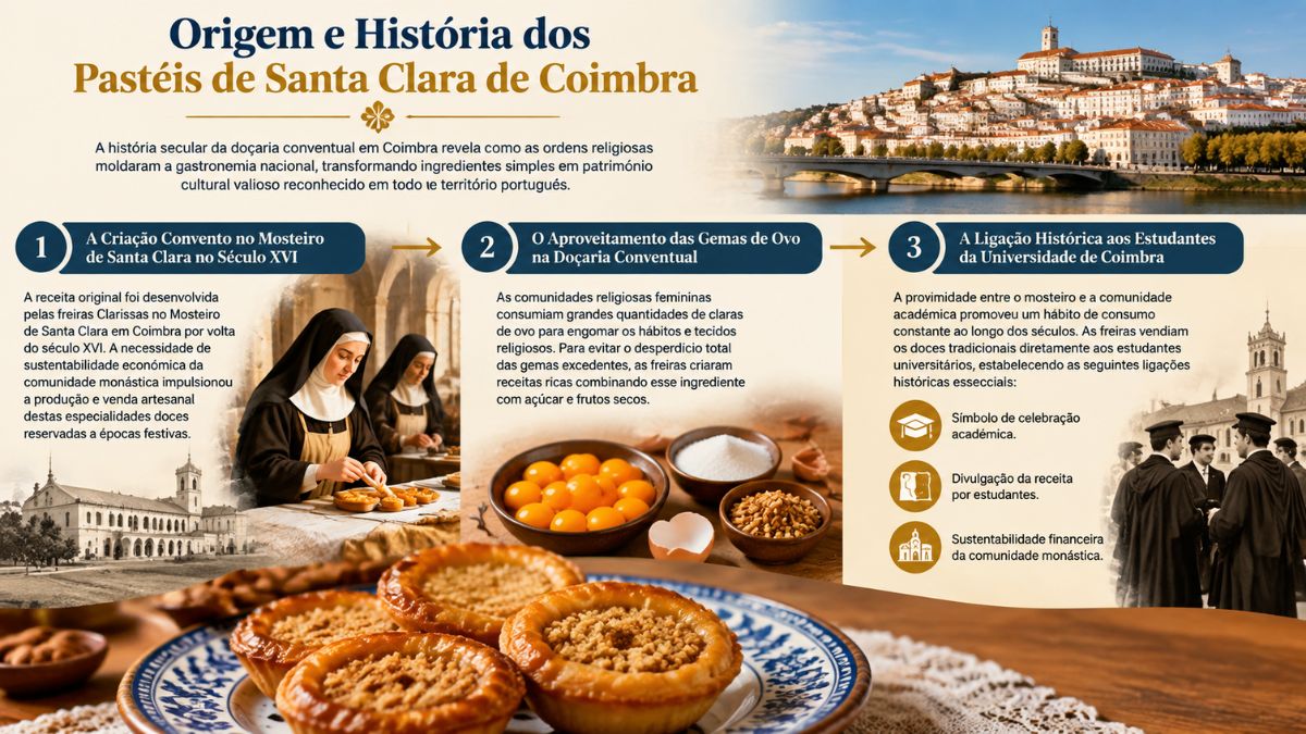 Infográfico sobre a origem histórica dos pastéis de Santa Clara de Coimbra com freiras, gemas de ovo e estudantes.