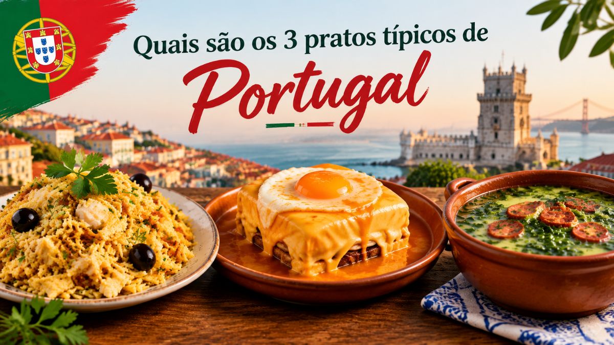 Mesa com os três pratos típicos de Portugal: Bacalhau à Brás com azeitonas pretas, Francesinha com ovo estrelado e Caldo Verde com rodelas de chouriço.