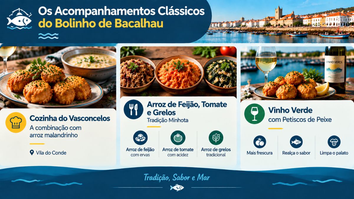 Infográfico sobre acompanhamentos de bolinhos de bacalhau com arroz malandrinho, arroz de feijão, tomate, grelos e vinho verde regional.