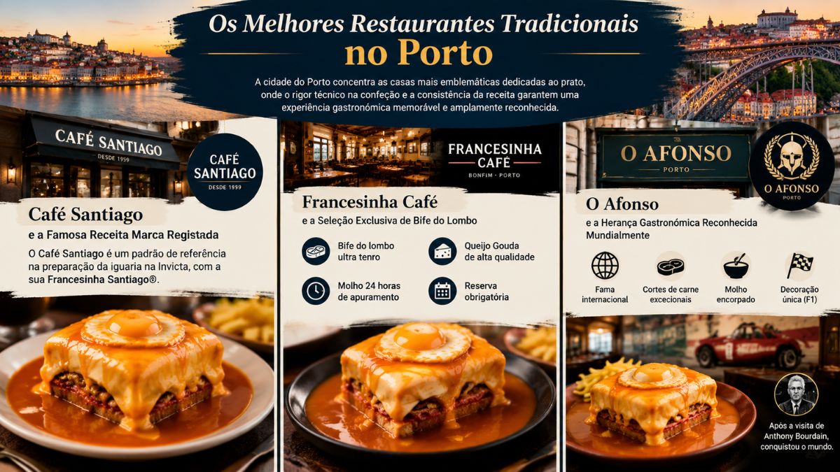 Infográfico sobre os melhores restaurantes tradicionais no Porto para comer francesinha, destacando o Café Santiago, o Francesinha Café e o restaurante O Afonso com as suas características e pratos.