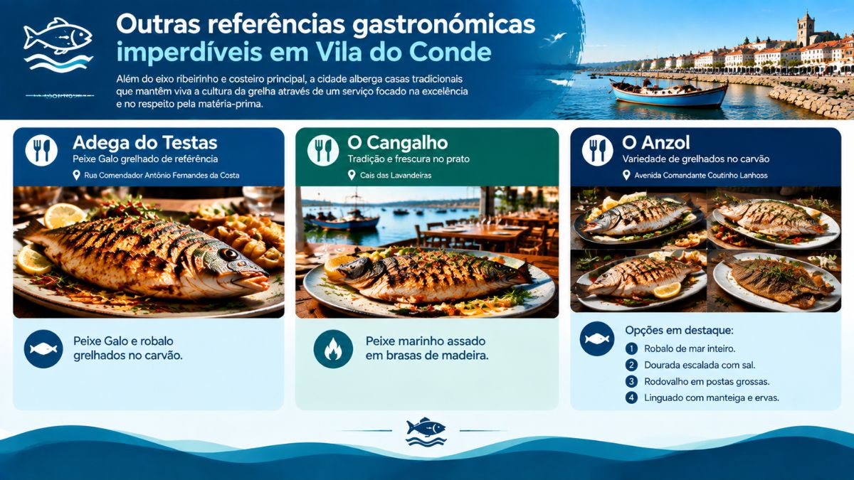 Infográfico com restaurantes tradicionais em Vila do Conde para peixe assado na brasa incluindo Adega do Testas, O Cangalho e O Anzol.