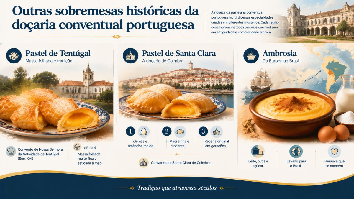 Infográfico comparativo sobre a doçaria conventual portuguesa apresentando o Pastel de Tentúgal, o Pastel de Santa Clara de Coimbra e a Ambrosia com os respetivos ingredientes e origens históricas.