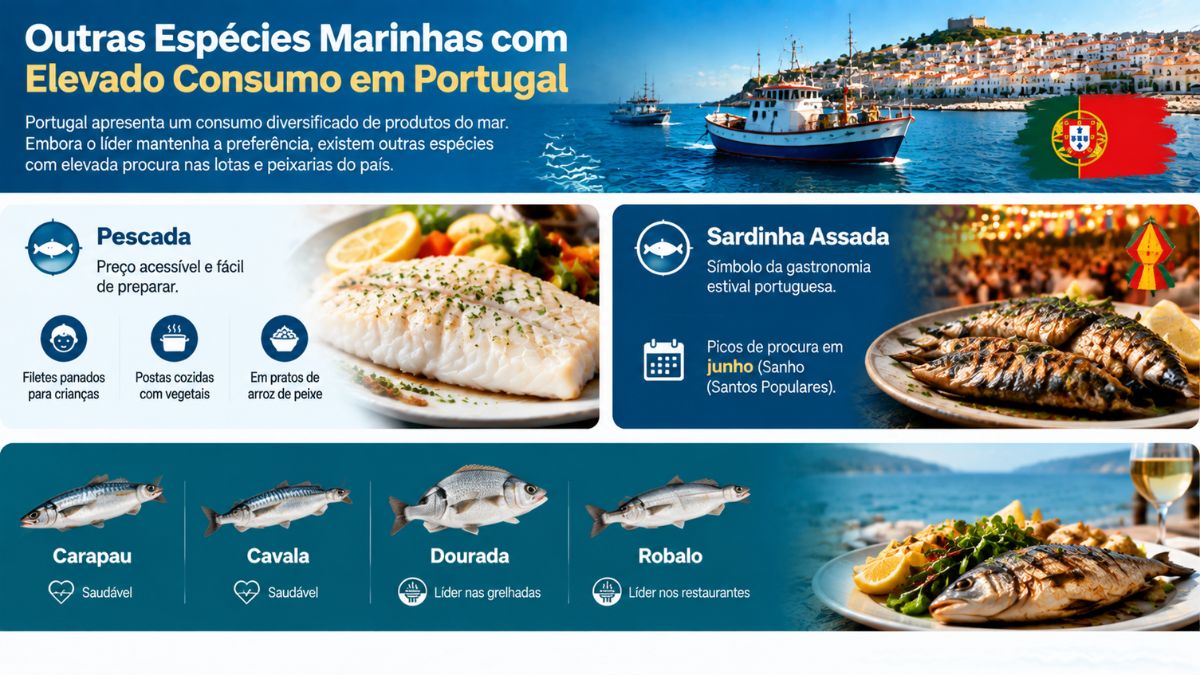 Infográfico explicativo sobre espécies de peixe muito consumidas em Portugal, destacando a pescada, a sardinha assada, o carapau, a cavala, a dourada e o robalo.