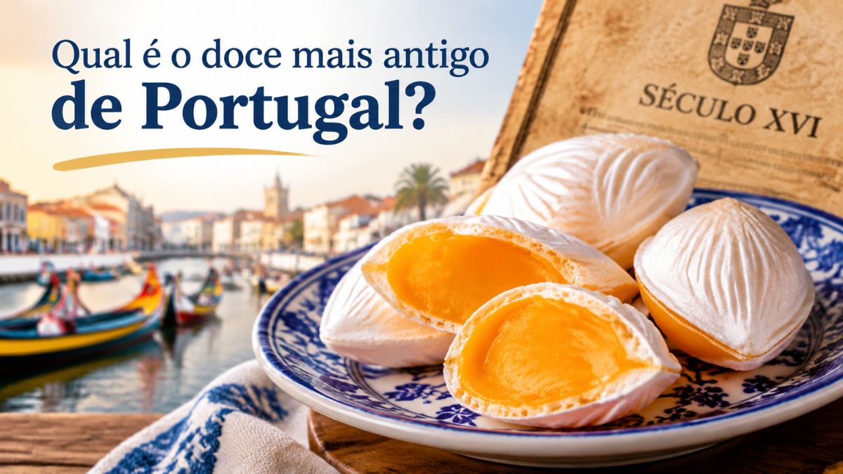 Prato cerâmico com ovos moles de Aveiro abertos mostrando o recheio de gema de ovo, ao lado de um manuscrito do século XVI e do canal de Aveiro com barcos moliceiros ao fundo.