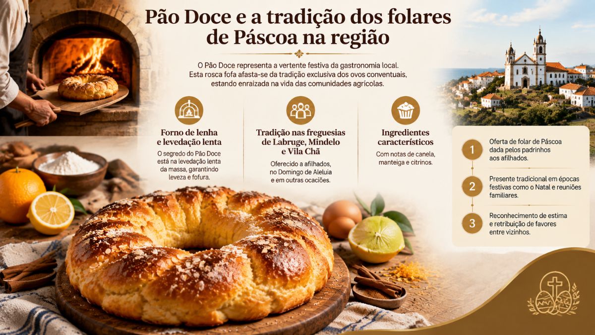 Infográfico sobre o Pão Doce tradicional de Vila do Conde, destacando a cozedura em forno de lenha, levedação lenta e citrinos.