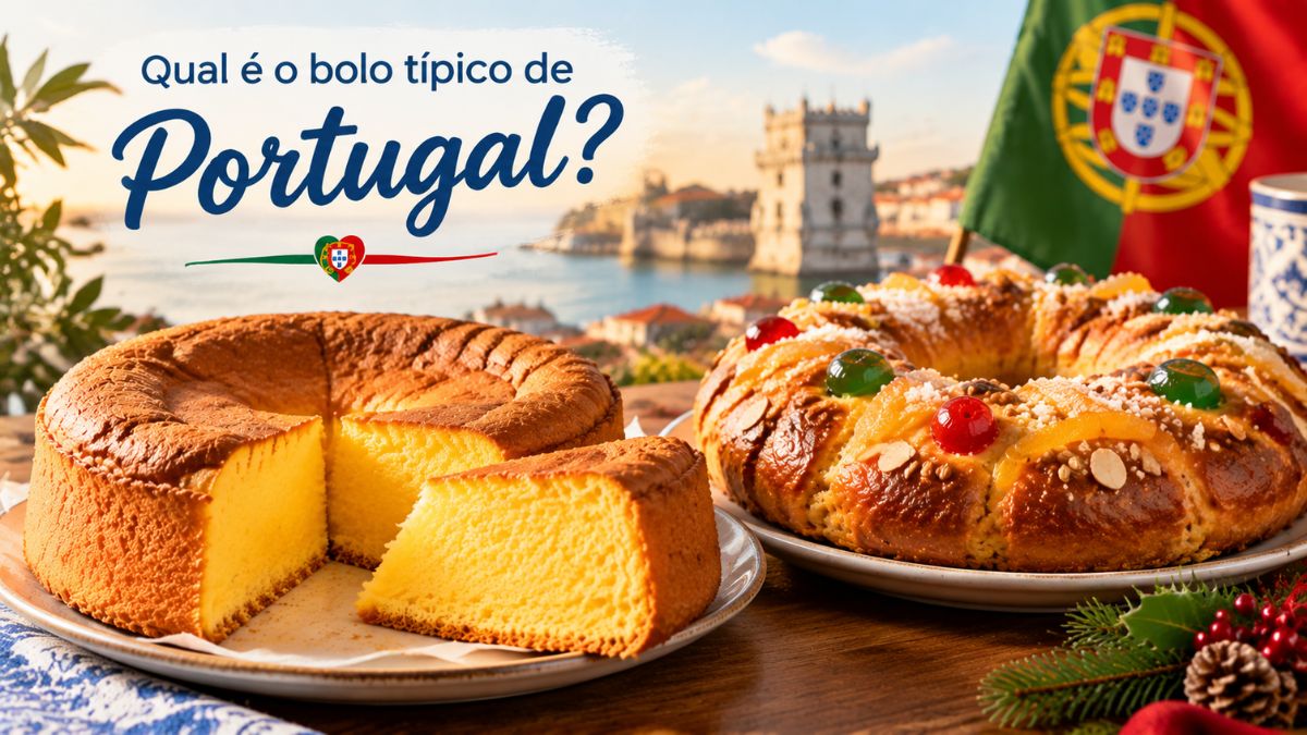 Pão de Ló fatiado ao lado de um Bolo-Rei com frutas cristalizadas, tendo ao fundo a Torre de Belém e a bandeira de Portugal.