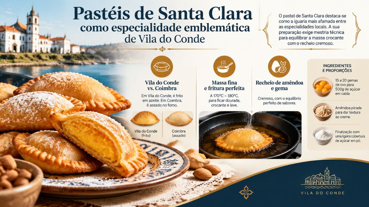 Infográfico detalhado sobre os Pastéis de Santa Clara de Vila do Conde, explicando o processo de fritura em azeite, recheio e ingredientes.