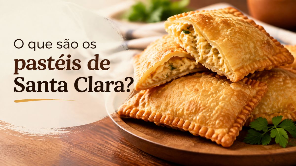 Pastéis de Santa Clara em prato de madeira com massa crocante e recheio cremoso.