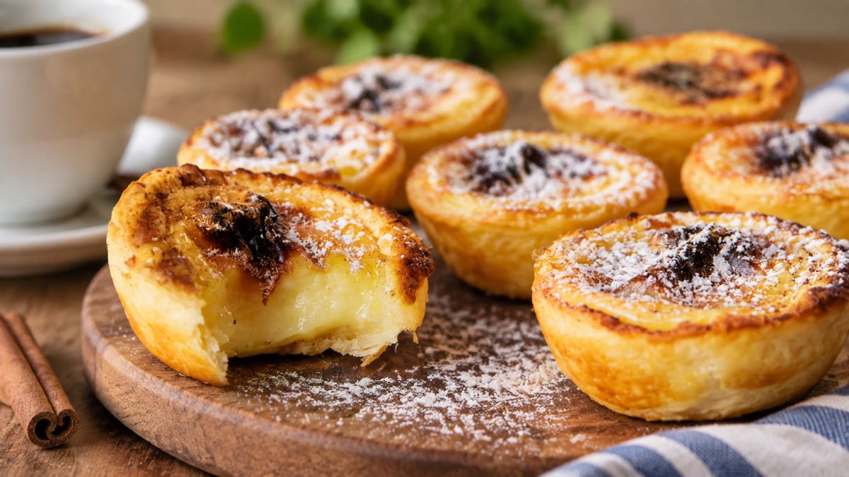 Uma tábua de madeira rústica segurando vários pastéis de nata portugueses dourados. O pastel da frente tem uma mordida, revelando o recheio de creme cremoso. Eles são polvilhados com açúcar de confeiteiro e pó de canela. Um pau de canela está à esquerda, e uma chávena de café com um pires e um pano de cozinha xadrez azul estão ao fundo.