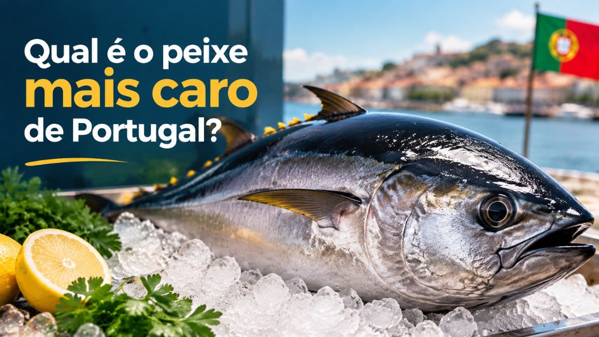 Atum rabilho fresco exposto sobre gelo com limões e salsa com a pergunta qual é o peixe mais caro de Portugal e bandeira portuguesa ao fundo.