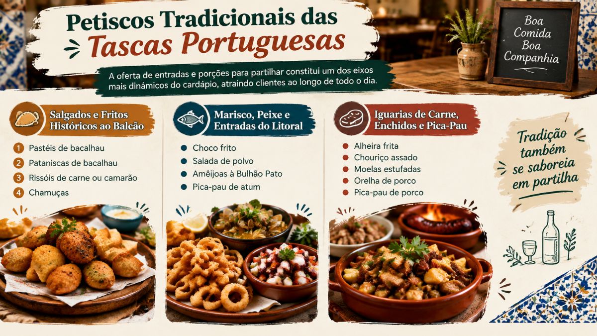 Infográfico sobre petiscos tradicionais das tascas portuguesas destacando salgados fritos, marisco, peixe e iguarias de carne com pica-pau.