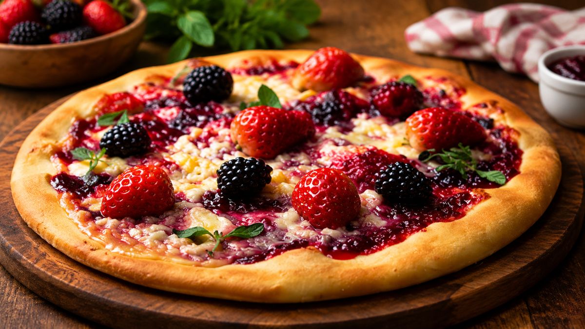 Uma pizza doce artesanal numa tábua de madeira, coberta com queijo derretido, compota roxa vibrante, morangos frescos inteiros, amoras suculentas e folhas de hortelã. Fundo desfocado com mais frutas e guardanapo xadrez.