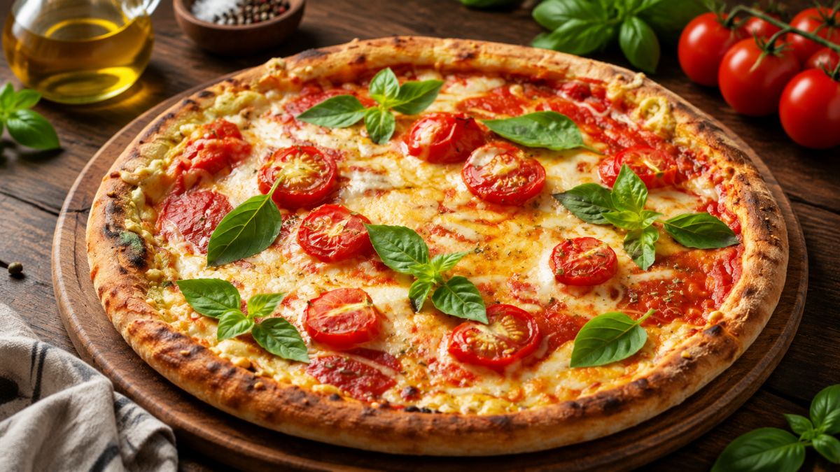 Pizza Margherita artesanal com queijo derretido, tomates cherry e manjericão fresco, servida numa tábua de madeira rústica, com ingredientes ao fundo.