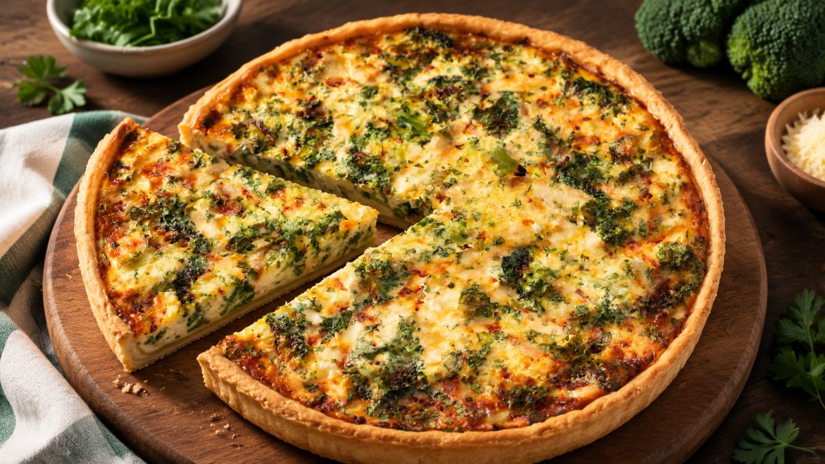 Pizza artesanal redonda sobre tábua de madeira com massa dourada, recheio cremoso de queijo cottage, espinafres e crosta gratinada com fatia cortada.