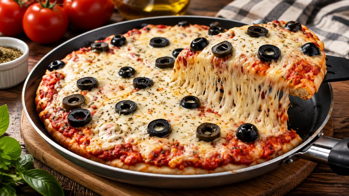 Uma pizza redonda coberta com queijo mozzarella derretido e azeitonas pretas em fatias, com uma fatia sendo levantada por uma espátula, revelando o queijo esticado e a massa dourada. Ao fundo, ingredientes frescos como tomates, azeite e ervas sobre uma mesa de madeira.